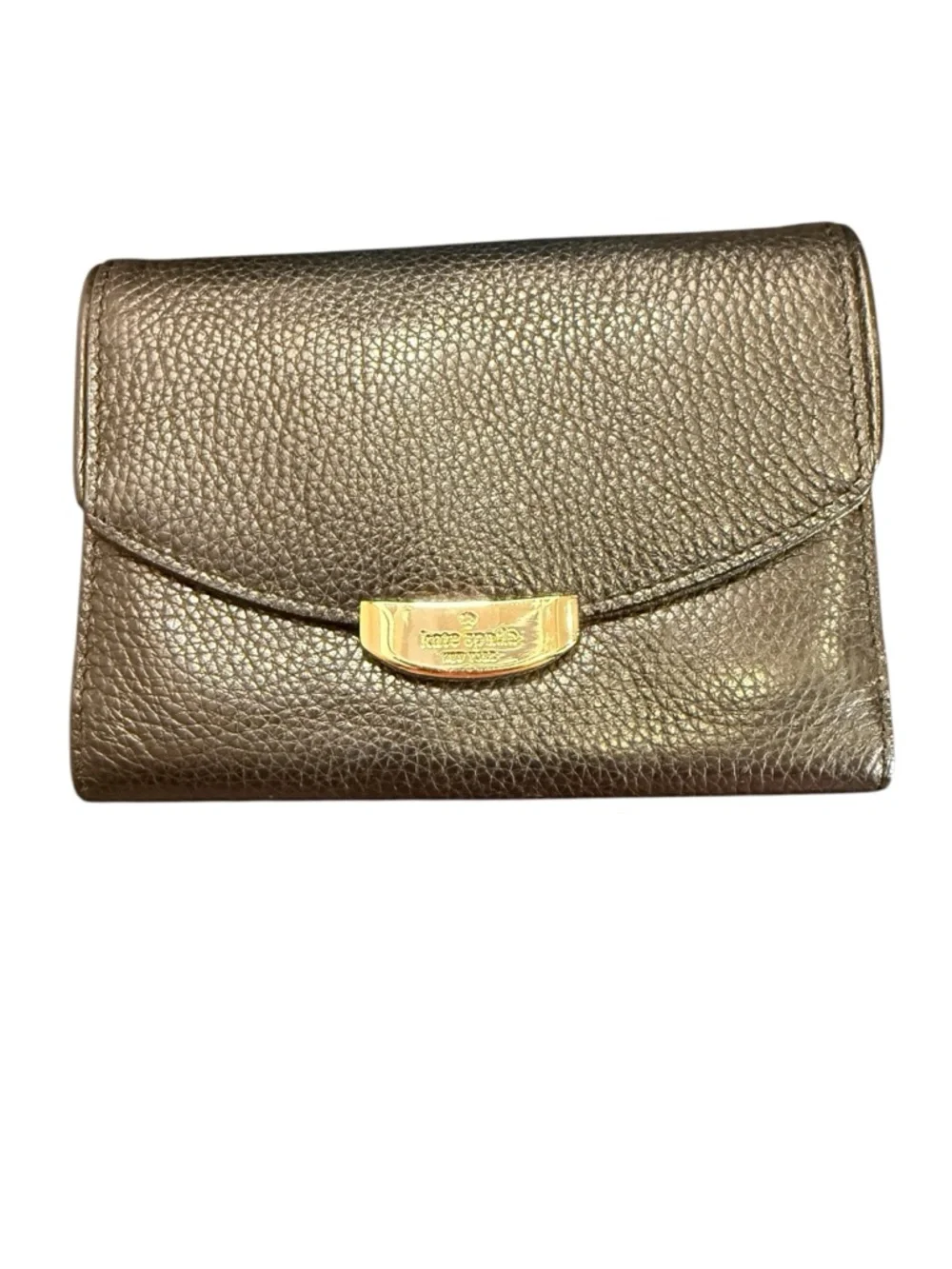 Kate Spade Black Pebbled Leather Tri Fold Wallet with Gold-Tone Logo Closure